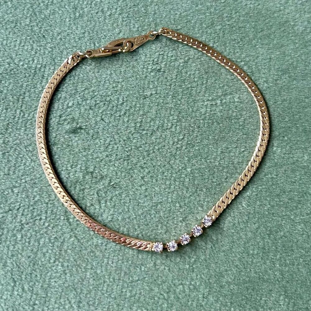 Vintage 14k Gold Plated Herringbone Rhinestone Bracelet